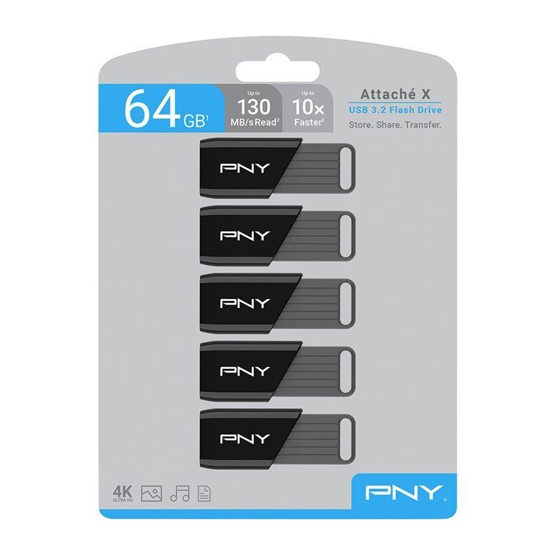 Pack de 5 Clés USB 3.2 - PNY - Attaché X - 64 Go - Jusqu'a 130 Mo/s