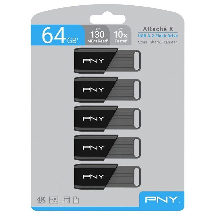 Pack de 5 Clés USB 3.2 - PNY - Attaché X - 64 Go - Jusqu'a 130 Mo/s Pack de 5 Clés USB 3.2 - PNY - Attaché X - 64 Go - Jusqu'a 130 Mo/s