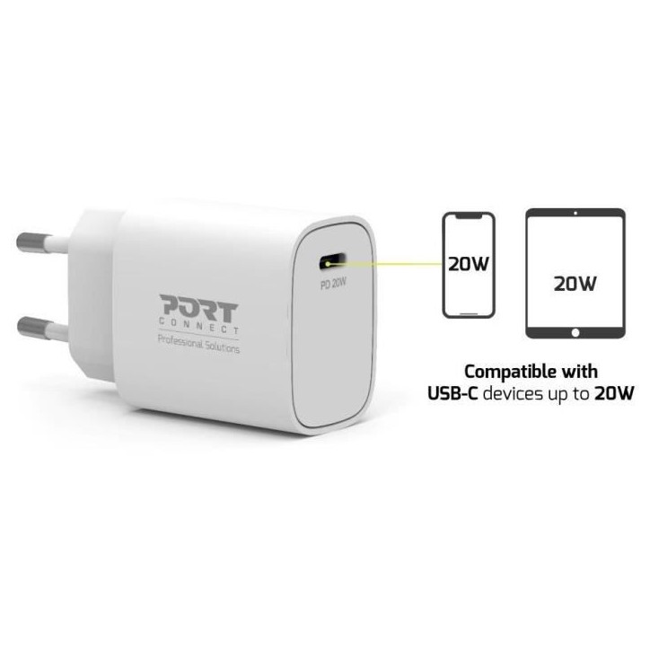 Chargeur secteur de poche USB-C - PORT DESIGNS - 900031EU - 20 W Power Delivery - Blanc Chargeur secteur de poche USB-C - PORT DESIGNS - 900031EU - 20 W Power Delivery - Blanc