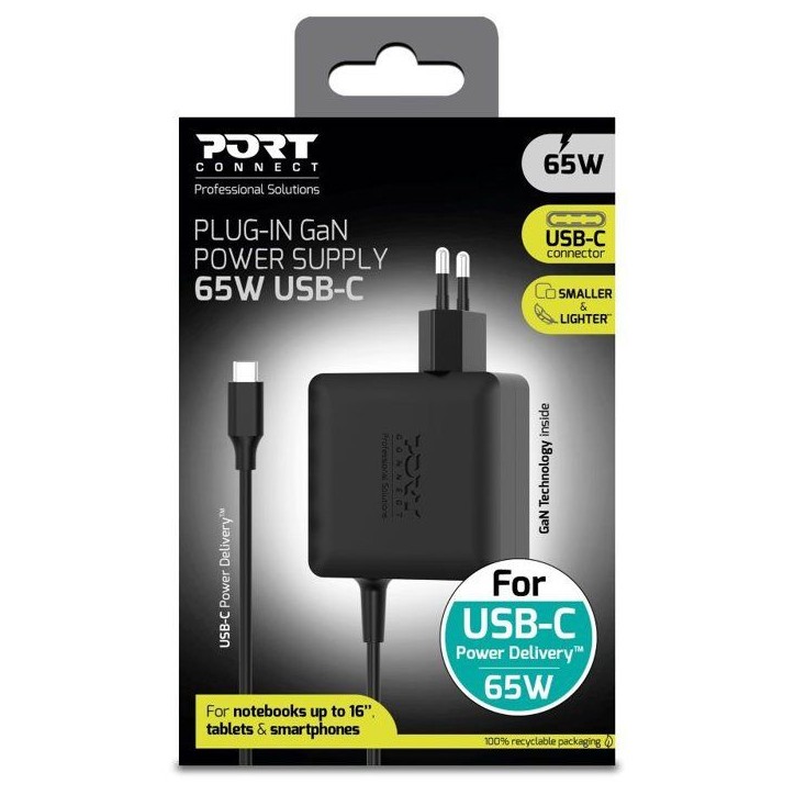Alimentation secteur PC portable - PORT DESIGNS - GaN2 - 65W - 1,5 m - USB-C - Noir Alimentation secteur PC portable - PORT DESIGNS - GaN2 - 65W - 1,5 m - USB-C - Noir