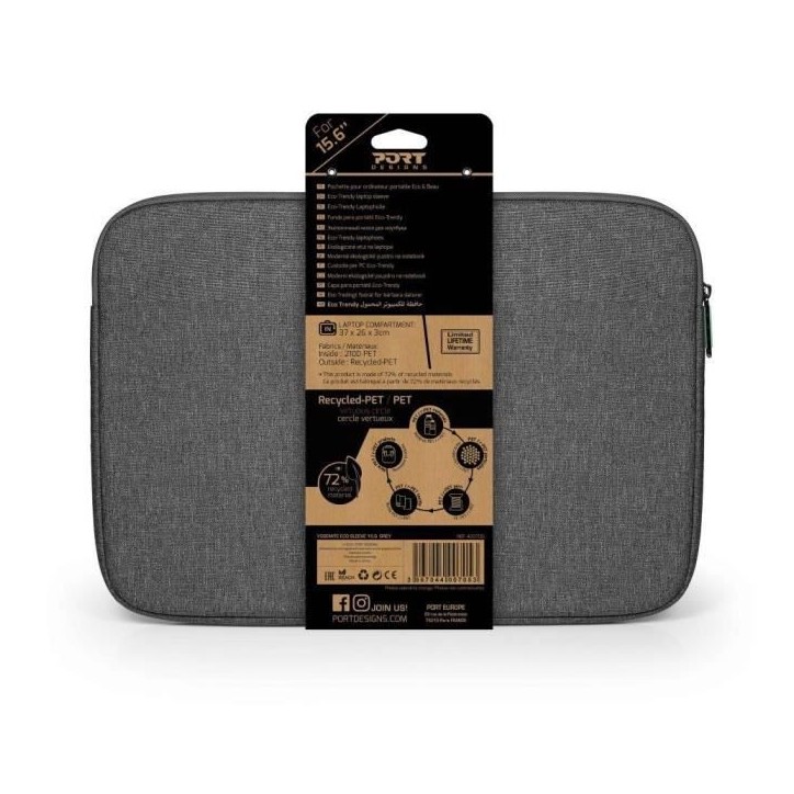 Housse PC - PORT DESIGNS - Pour ordinateur portable ECO YOSEMITE - 15.6 pouces - Gris Housse PC - PORT DESIGNS - Pour ordinateur portable ECO YOSEMITE - 15.6 pouces - Gris