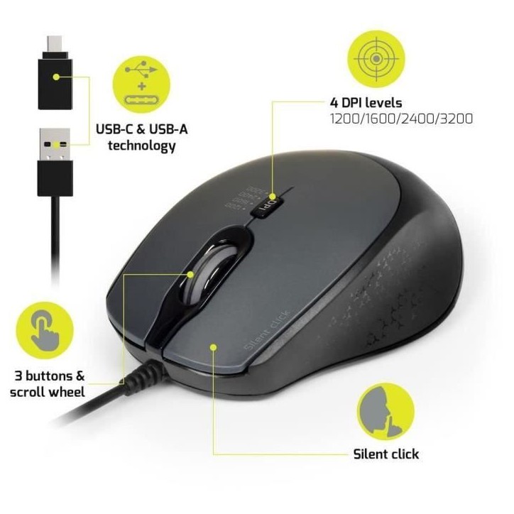 PORTDESIGNS Souris filaire silencieuse - Noir PORTDESIGNS Souris filaire silencieuse - Noir