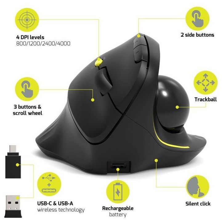 Souris sans fil - PORT Designs - 900719 TRACKBALL ERGO - Bluetooth & 2.4 GHz - Rechargeable - Noir Souris sans fil - PORT Designs - 900719 TRACKBALL ERGO - Bluetooth & 2.4 GHz - Rechargeable - Noir
