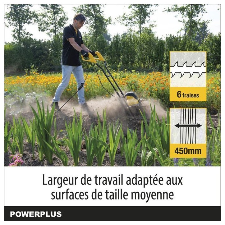 Powerplus Motoculteur Électrique POWXG72010 - 1500 W, 6 Lames, Profondeur de 220 mm et Largeur de 450 mm Powerplus Motoculteur Électrique POWXG72010 - 1500 W, 6 Lames, Profondeur de 220 mm et Largeur de 450 mm