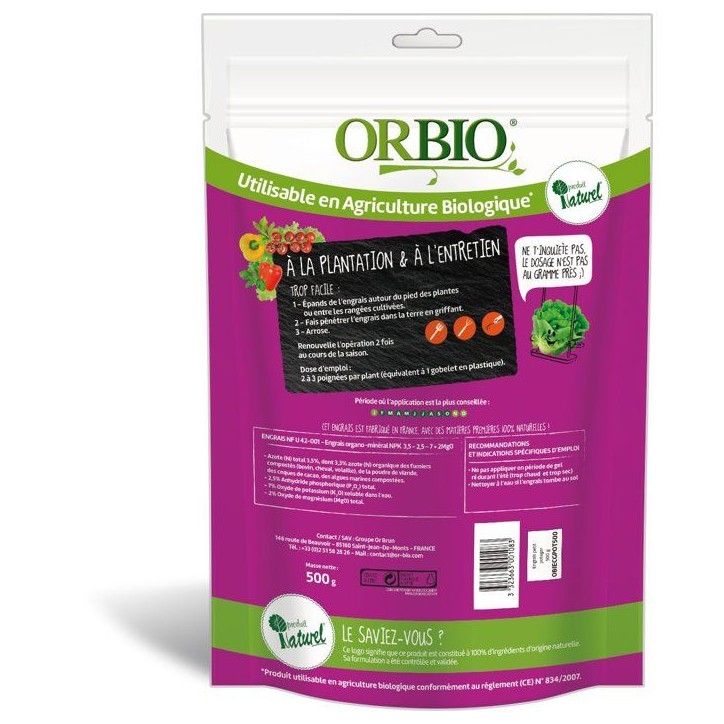 Engrais granulé potager - OR BIO - Petit Potager 500 g - Granulés nutritifs - Formule biologique Engrais granulé potager - OR BIO - Petit Potager 500 g - Granulés nutritifs - Formule biologique