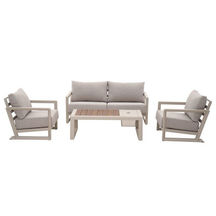 Salon bas de jardin - Proloisirs - Perth - Creme / chene - Set 4 pieces ( Canapé + fauteuils + table) - Aluminium époxy - Cous Salon bas de jardin - Proloisirs - Perth - Creme / chene - Set 4 pieces ( Canapé + fauteuils + table) - Aluminium époxy - Cous
