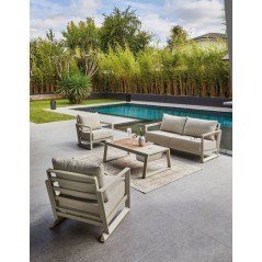 Salon bas de jardin - Proloisirs - Perth - Creme / chene - Set 4 pieces ( Canapé + fauteuils + table) - Aluminium époxy - Cous