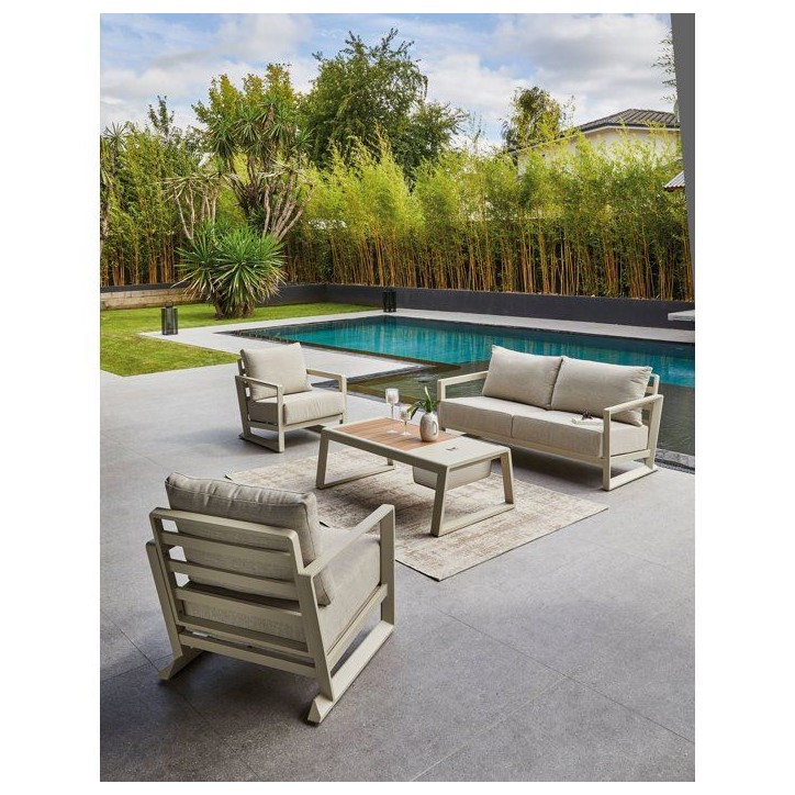 Salon bas de jardin - Proloisirs - Perth - Creme / chene - Set 4 pieces ( Canapé + fauteuils + table) - Aluminium époxy - Cous Salon bas de jardin - Proloisirs - Perth - Creme / chene - Set 4 pieces ( Canapé + fauteuils + table) - Aluminium époxy - Cous