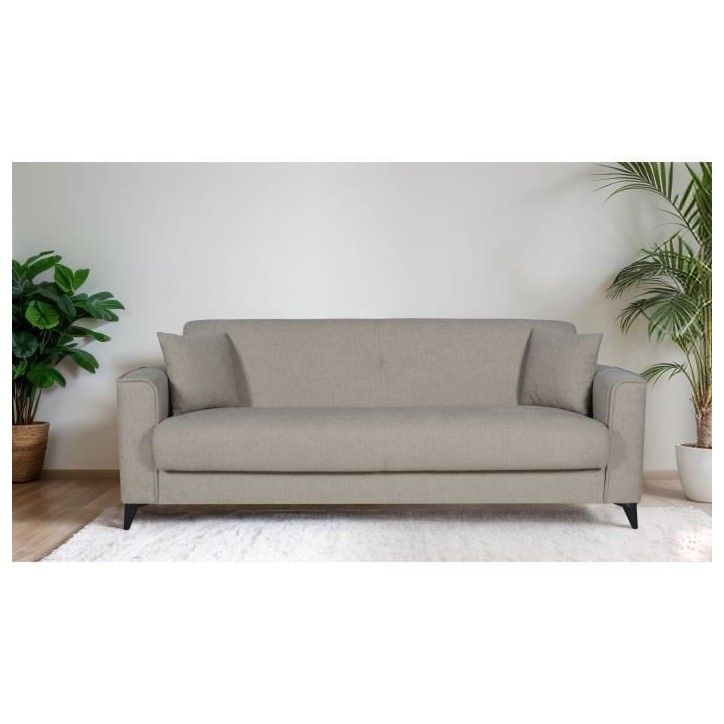 Canapé convertible 3 places - BERGAMO - Tissu beige - 2 coussins - coffre de rangement - 230 x 85 x 89 cm Canapé convertible 3 places - BERGAMO - Tissu beige - 2 coussins - coffre de rangement - 230 x 85 x 89 cm