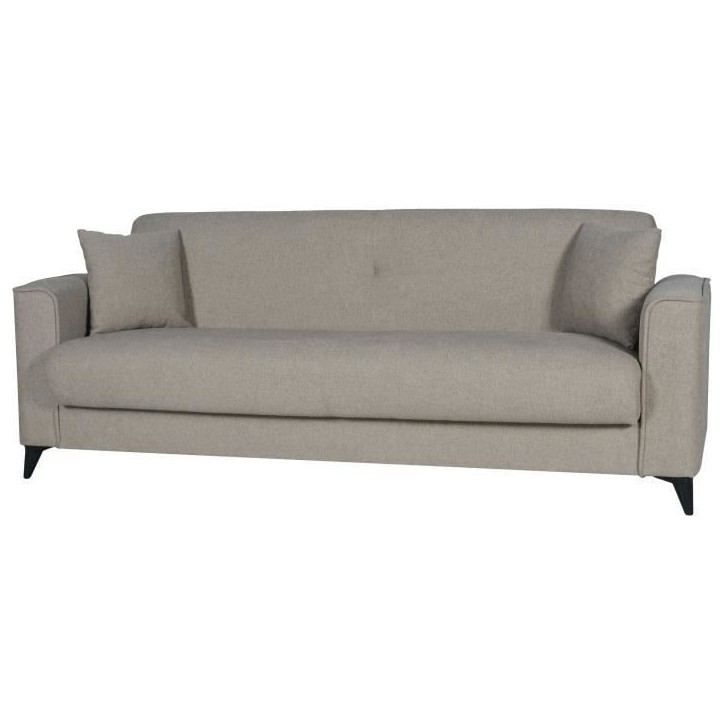 Canapé convertible 3 places - BERGAMO - Tissu beige - 2 coussins - coffre de rangement - 230 x 85 x 89 cm Canapé convertible 3 places - BERGAMO - Tissu beige - 2 coussins - coffre de rangement - 230 x 85 x 89 cm