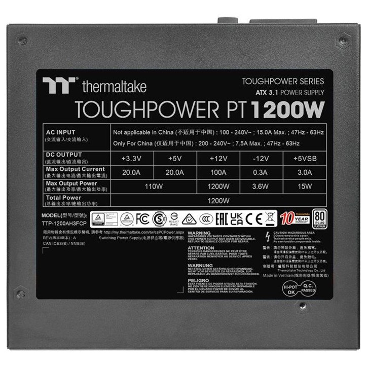 THERMALTAKE Toughpower PT - Alimentation PC modulaire - 1200 W - 80Plus Platinum THERMALTAKE Toughpower PT - Alimentation PC modulaire - 1200 W - 80Plus Platinum