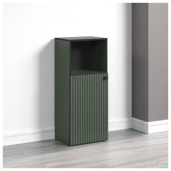 Meuble de salle de bain - Rangement bas - Décor vert sauge et noir - L40 x H95 x P31cm - PURE BLISS Meuble de salle de bain - Rangement bas - Décor vert sauge et noir - L40 x H95 x P31cm - PURE BLISS