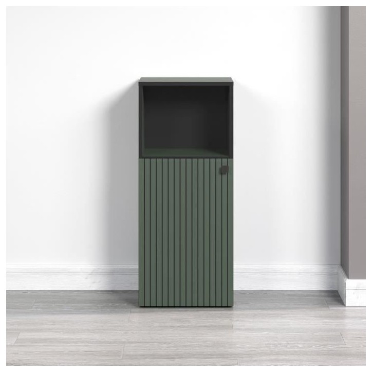 Meuble de salle de bain - Rangement bas - Décor vert sauge et noir - L40 x H95 x P31cm - PURE BLISS Meuble de salle de bain - Rangement bas - Décor vert sauge et noir - L40 x H95 x P31cm - PURE BLISS