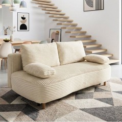 Canapé convertible - 3 places - PYLA - Tissu velours Perle - Coffre - 203 x 95 x 89 cm