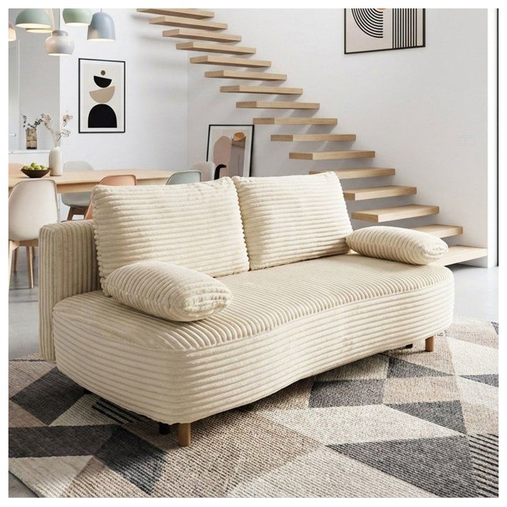 Canapé convertible - 3 places - PYLA - Tissu velours Perle - Coffre - 203 x 95 x 89 cm