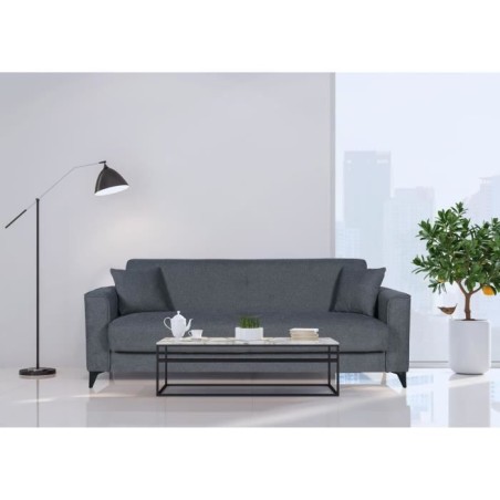 Canapé convertible 3 places - BERGAMO - Tissu gris foncé - 2 coussins - coffre de rangement - 230 x 85 x 89 cm
