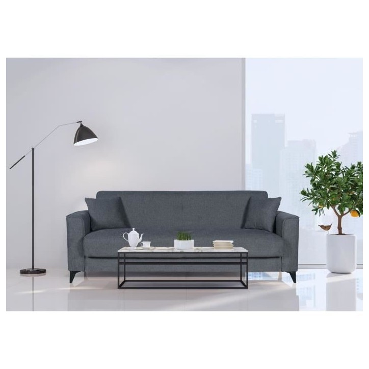 Canapé convertible 3 places - BERGAMO - Tissu gris foncé - 2 coussins - coffre de rangement - 230 x 85 x 89 cm Canapé convertible 3 places - BERGAMO - Tissu gris foncé - 2 coussins - coffre de rangement - 230 x 85 x 89 cm