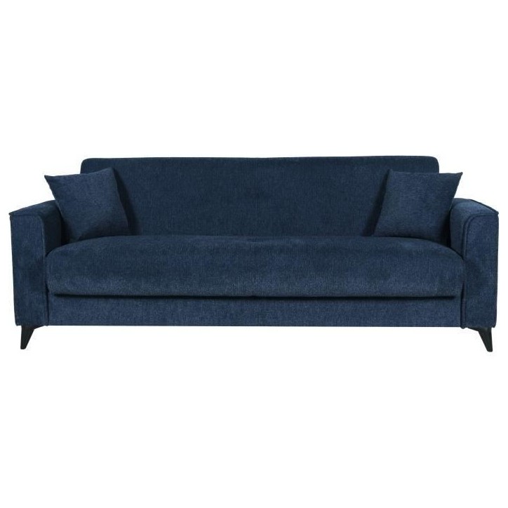 Canapé convertible 3 places - BERGAMO - Tissu bleu foncé - 2 coussins - coffre de rangement - 230 x 85 x 89 cm Canapé convertible 3 places - BERGAMO - Tissu bleu foncé - 2 coussins - coffre de rangement - 230 x 85 x 89 cm