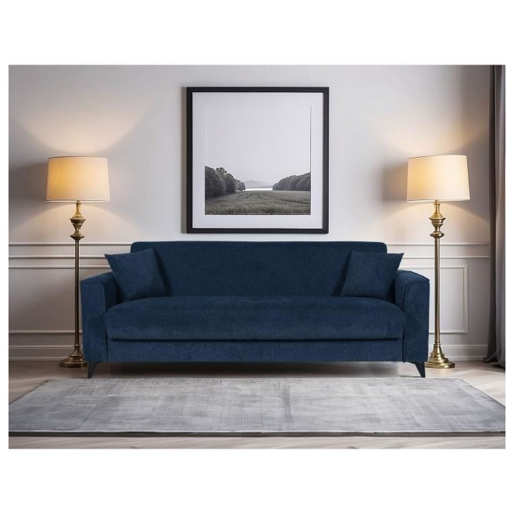 Canapé convertible 3 places - BERGAMO - Tissu bleu foncé - 2 coussins - coffre de rangement - 230 x 85 x 89 cm Canapé convertible 3 places - BERGAMO - Tissu bleu foncé - 2 coussins - coffre de rangement - 230 x 85 x 89 cm