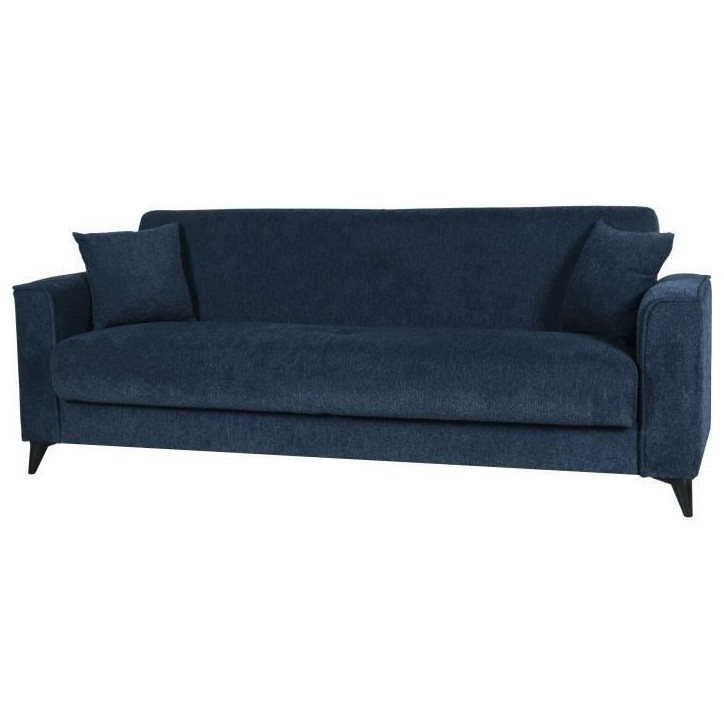Canapé convertible 3 places - BERGAMO - Tissu bleu foncé - 2 coussins - coffre de rangement - 230 x 85 x 89 cm Canapé convertible 3 places - BERGAMO - Tissu bleu foncé - 2 coussins - coffre de rangement - 230 x 85 x 89 cm