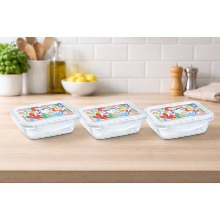 Lunch box - PYREX - Lot de 3 boîtes en verre - Rectangulaire - Couvercle hermétique - Design abstrait - 0.80 L