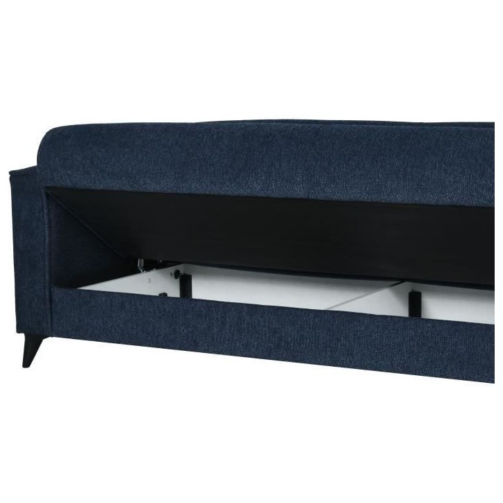 Canapé convertible 3 places - BERGAMO - Tissu bleu foncé - 2 coussins - coffre de rangement - 230 x 85 x 89 cm Canapé convertible 3 places - BERGAMO - Tissu bleu foncé - 2 coussins - coffre de rangement - 230 x 85 x 89 cm