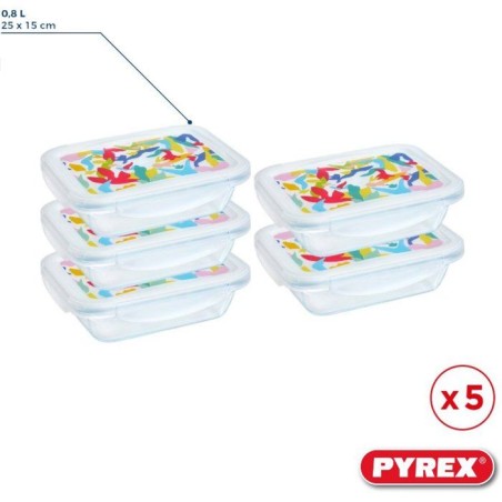 Lunch box - PYREX - Lot de 5 boîtes en verre - Rectangulaire - Couvercle hermétique - Design abstrait - 0.80 L