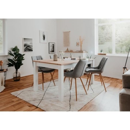 Table a manger extensible BERGEN - Décor chene artisan et blanc - Rallonge 55 cm - Jusqu'a 12 personnes - L 160-215 x P 90 x H