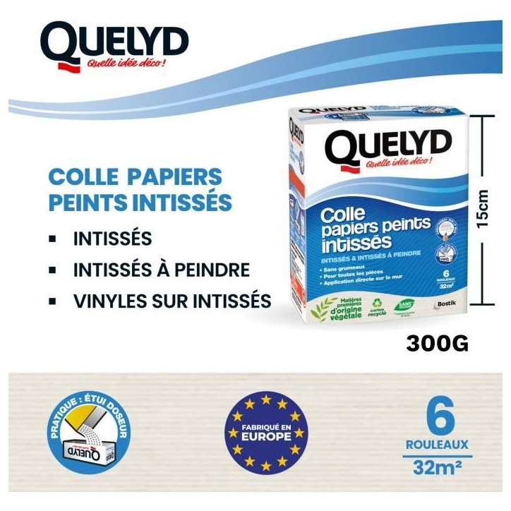 Colle papiers peints - QUELYD - Intissés en poudre - Toutes pieces - Application murale - Étui doseur 300 g Colle papiers peints - QUELYD - Intissés en poudre - Toutes pieces - Application murale - Étui doseur 300 g