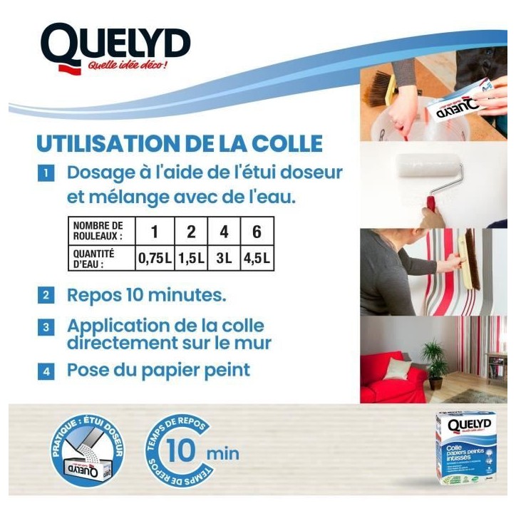 Colle papiers peints - QUELYD - Intissés en poudre - Toutes pieces - Application murale - Étui doseur 300 g Colle papiers peints - QUELYD - Intissés en poudre - Toutes pieces - Application murale - Étui doseur 300 g