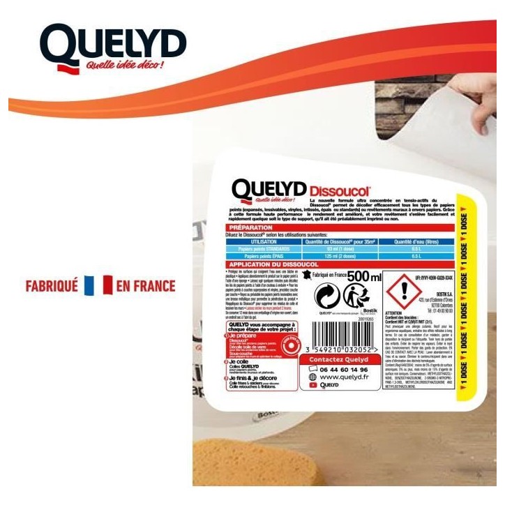 Décolleur papier peint - QUELYD - Dissoucol - Lessive - Supprime les résidus - Flacon 500 ml (280 m²) Décolleur papier peint - QUELYD - Dissoucol - Lessive - Supprime les résidus - Flacon 500 ml (280 m²)