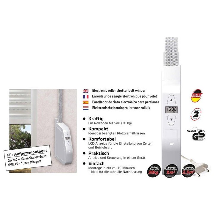 Enrouleur de sangle pour volet roulant - SUPERROLLO - GW245 - Electrique -15 mm - Câble 1,5 m - Blanc