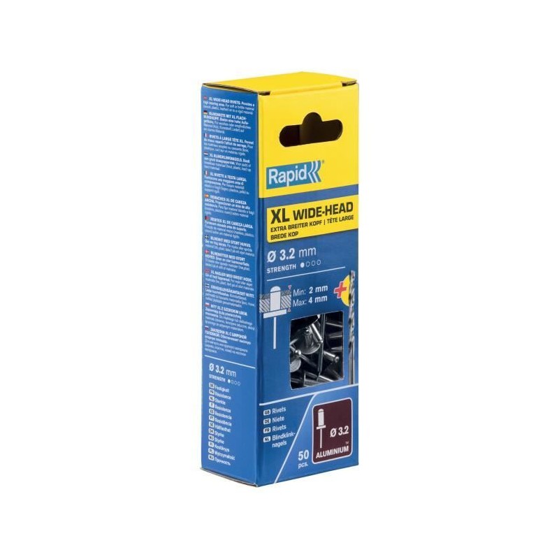 Rivets XL Ø3.2 x 8mm - RAPID - Alu - Boite 50 + foret