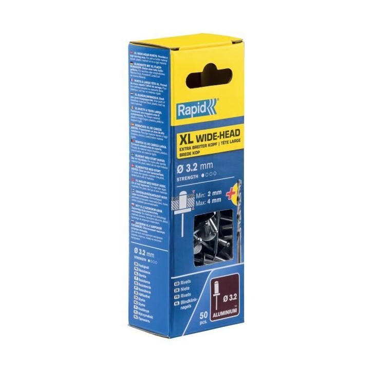 Rivets XL Ø3.2 x 8mm - RAPID - Alu - Boite 50 + foret Rivets XL Ø3.2 x 8mm - RAPID - Alu - Boite 50 + foret