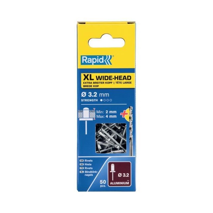Rivets XL Ø3.2 x 8mm - RAPID - Alu - Boite 50 + foret Rivets XL Ø3.2 x 8mm - RAPID - Alu - Boite 50 + foret