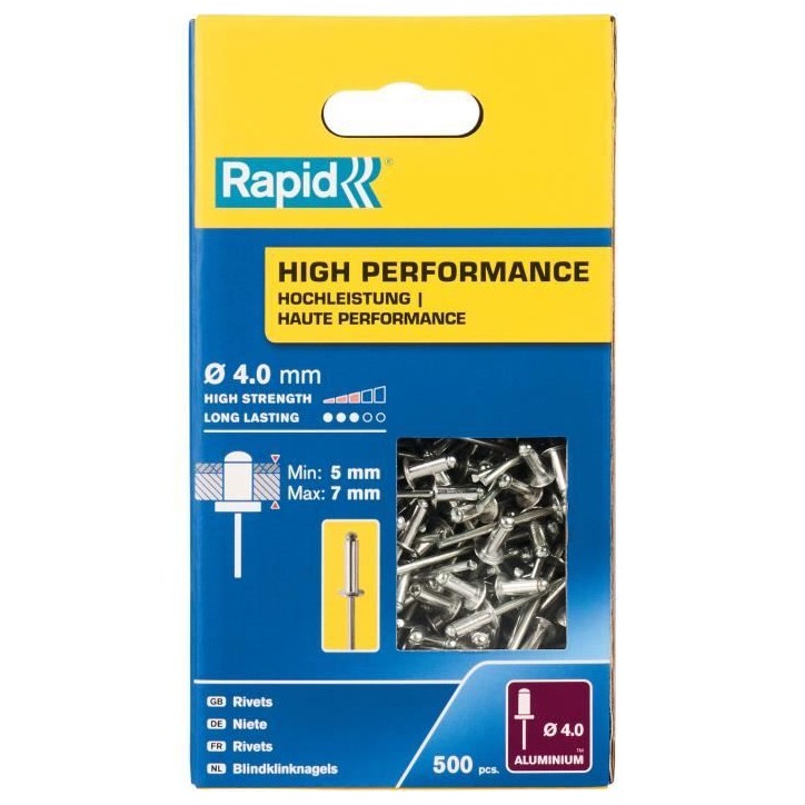 RAPID - Rivets - 4 x 10mm Alu ALU - Boite de 500 RAPID - Rivets - 4 x 10mm Alu ALU - Boite de 500