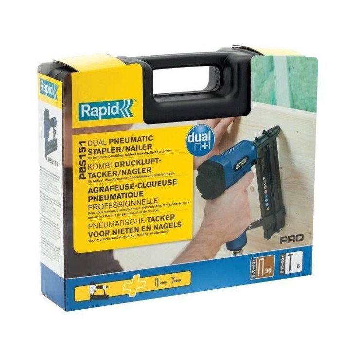 Agrafeuse cloueuse pneumatique RAPID PRO PBS151 - pour agrafes 90 de 20 a 40 mm et pointes 8 de 15 a 50mm Agrafeuse cloueuse pneumatique RAPID PRO PBS151 - pour agrafes 90 de 20 a 40 mm et pointes 8 de 15 a 50mm