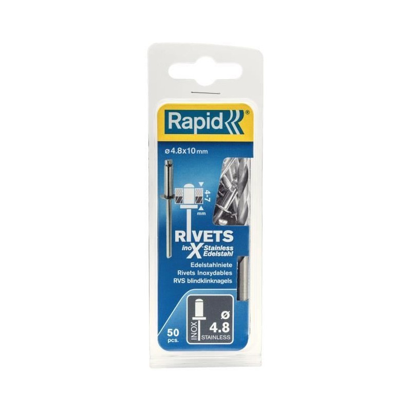 Rivets inoxydables Rapid Ø4.8x10mm. Blister de 50 pcs