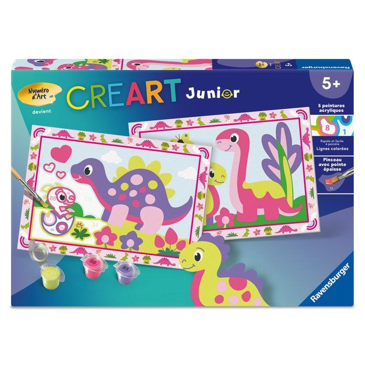 Ravensburger – CreArt Junior – Numéro d'Art – Dinosaures colorés – Kit de peinture par numéros – Des 5 ans – 1202 Ravensburger – CreArt Junior – Numéro d'Art – Dinosaures colorés – Kit de peinture par numéros – Des 5 ans – 1202