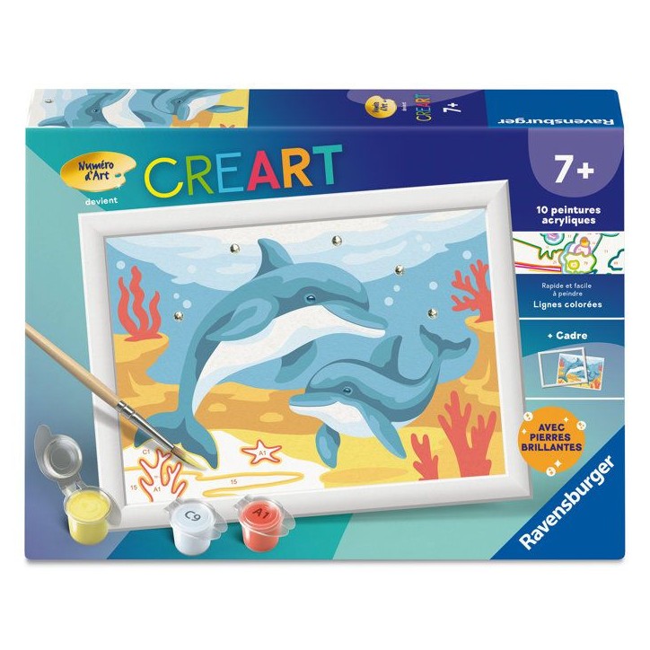 Ravensburger – CreArt Kids 13x18cm – Numéro d'Art – Dauphins et coraux – Kit de peinture par numéros – Des 7 ans – Ravensburger – CreArt Kids 13x18cm – Numéro d'Art – Dauphins et coraux – Kit de peinture par numéros – Des 7 ans –