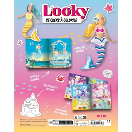Ravensburger – Looky Livre de stickers – Livre stickers a colorier – 24 pages – Dessin de mode – Sirenes – Des 4 ans