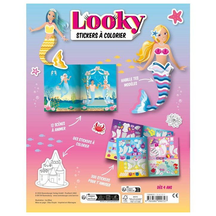 Ravensburger – Looky Livre de stickers – Livre stickers a colorier – 24 pages – Dessin de mode – Sirenes – Des 4 ans Ravensburger – Looky Livre de stickers – Livre stickers a colorier – 24 pages – Dessin de mode – Sirenes – Des 4 ans