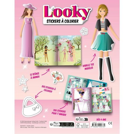 Ravensburger–Looky Livre de stickers–Livre stickers a colorier 24 pages–Dessin de mode–Robes de soirée–Des 4 ans–13