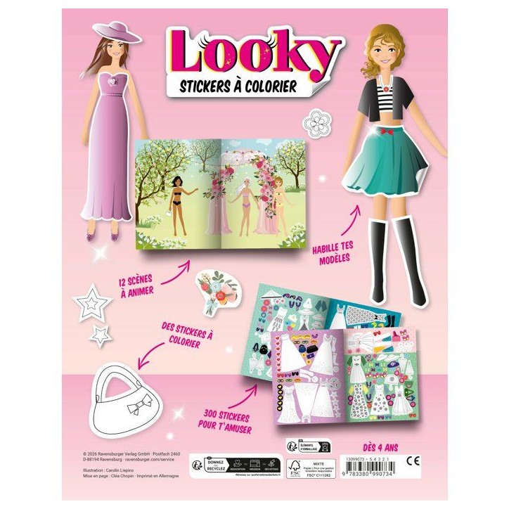 Ravensburger–Looky Livre de stickers–Livre stickers a colorier 24 pages–Dessin de mode–Robes de soirée–Des 4 ans–13 Ravensburger–Looky Livre de stickers–Livre stickers a colorier 24 pages–Dessin de mode–Robes de soirée–Des 4 ans–13