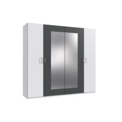 Armoire RHODES - 4 portes + miroirs - Décor Blanc et gris - L225 x P5