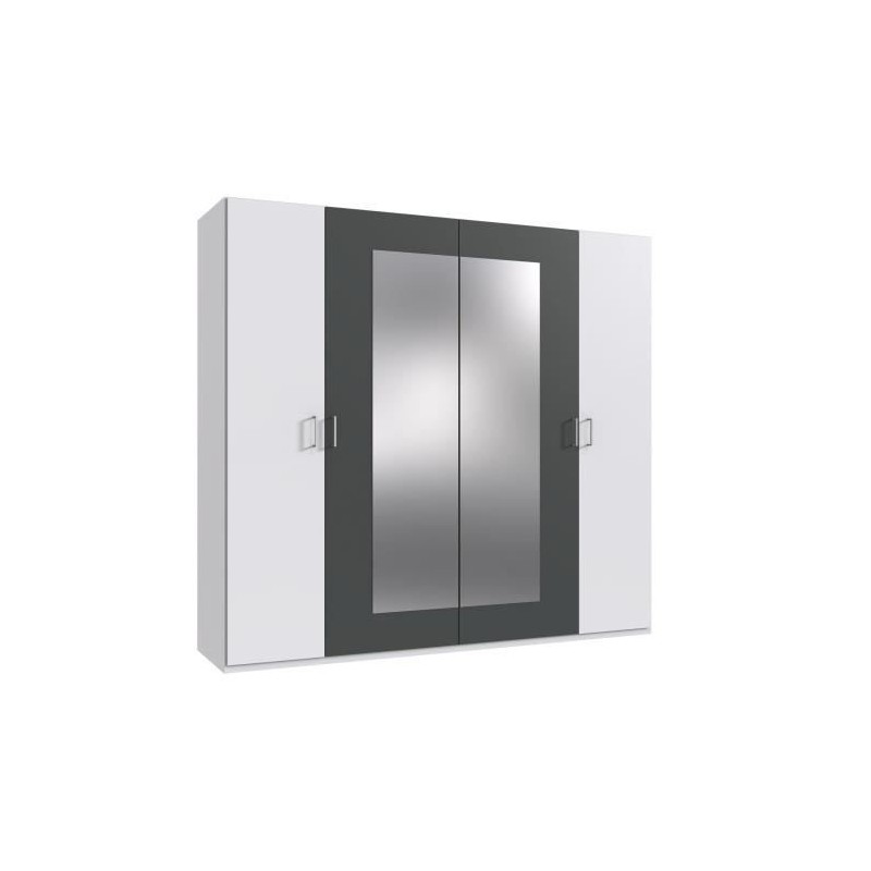 Armoire RHODES - 4 portes + miroirs - Décor Blanc et gris - L225 x P5