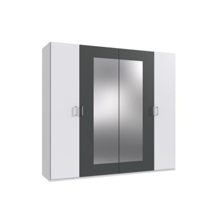 Armoire RHODES - 4 portes + miroirs - Décor Blanc et gris - L225 x P5