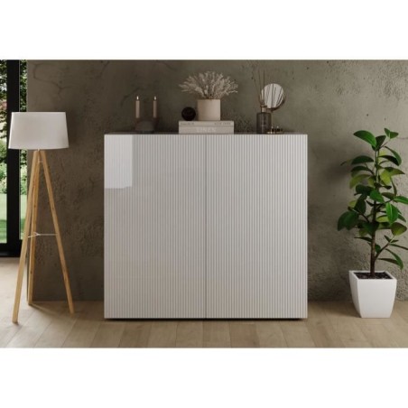 Meuble de rangement - RICCIONE - Blanc laqué brillant - 2 portes - 121 x 42 x 111 cm
