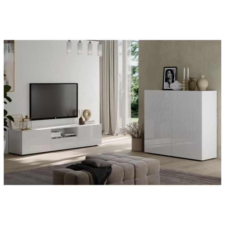 Meuble de rangement - RICCIONE - Blanc laqué brillant - 2 portes - 121 x 42 x 111 cm Meuble de rangement - RICCIONE - Blanc laqué brillant - 2 portes - 121 x 42 x 111 cm