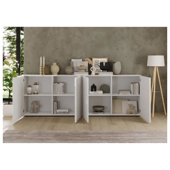 Buffet - RICCIONE - Blanc laqué brillant - 4 portes - 241 x 42 x 84 cm
